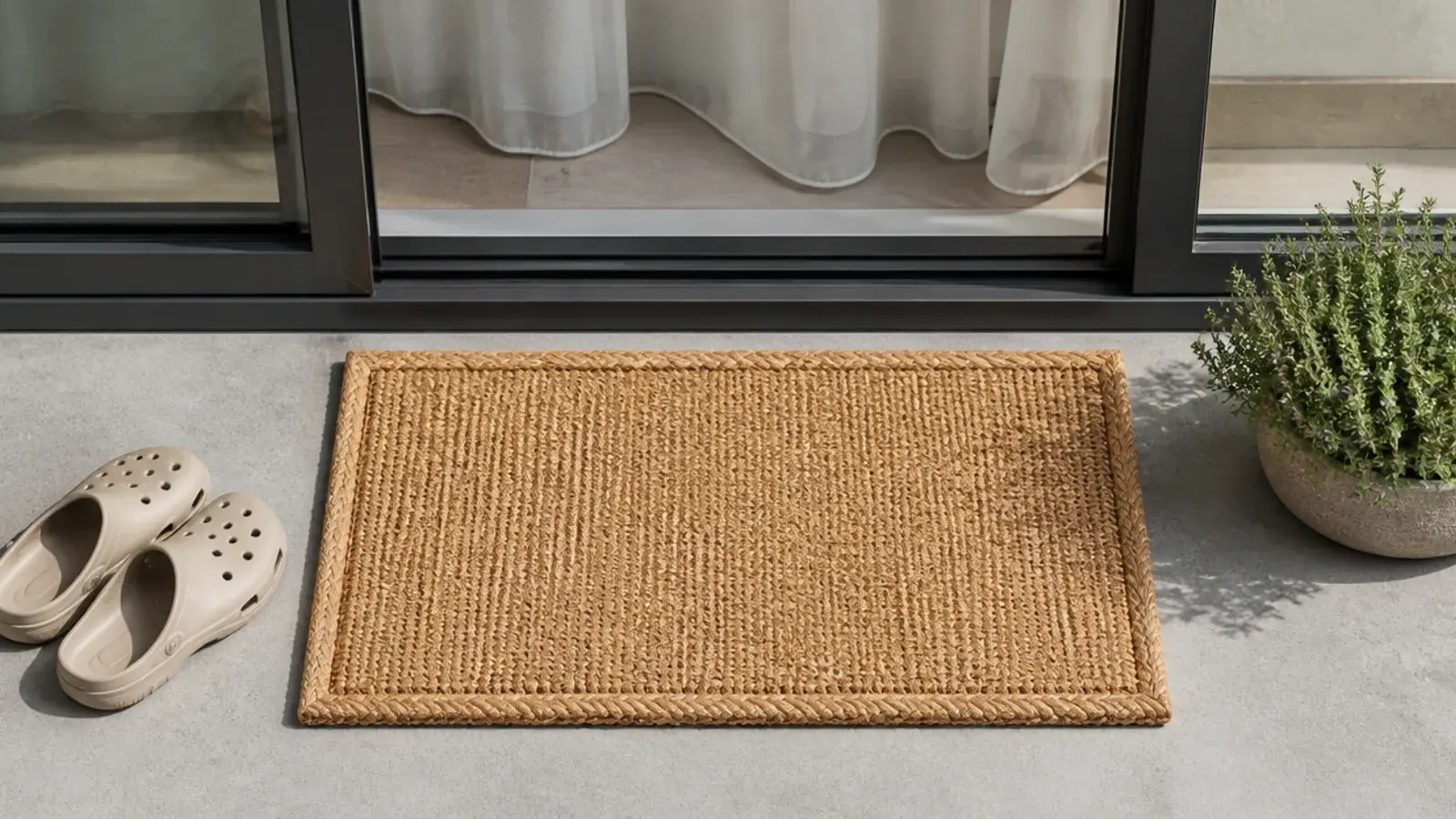 jute look doormat at a balcony sliding door threshold on concrete