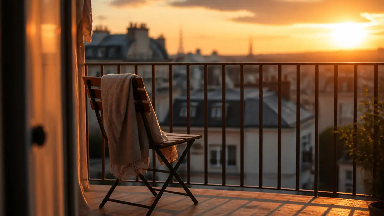 balcony chair angled toward a distant rooftop view at sunset