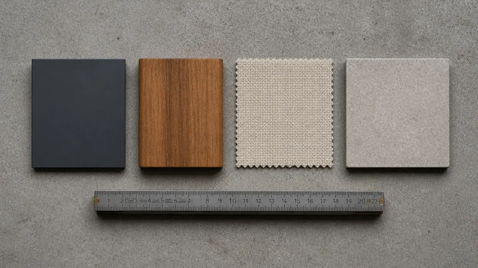 palette board of charcoal teak and sand samples laid on balcony concrete
