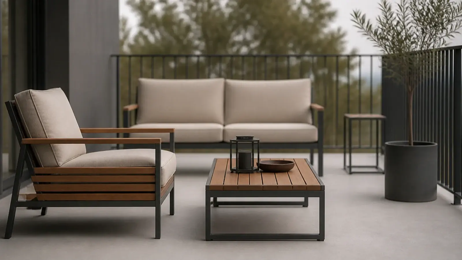 charcoal and teak balcony scheme with no third colour anywhere