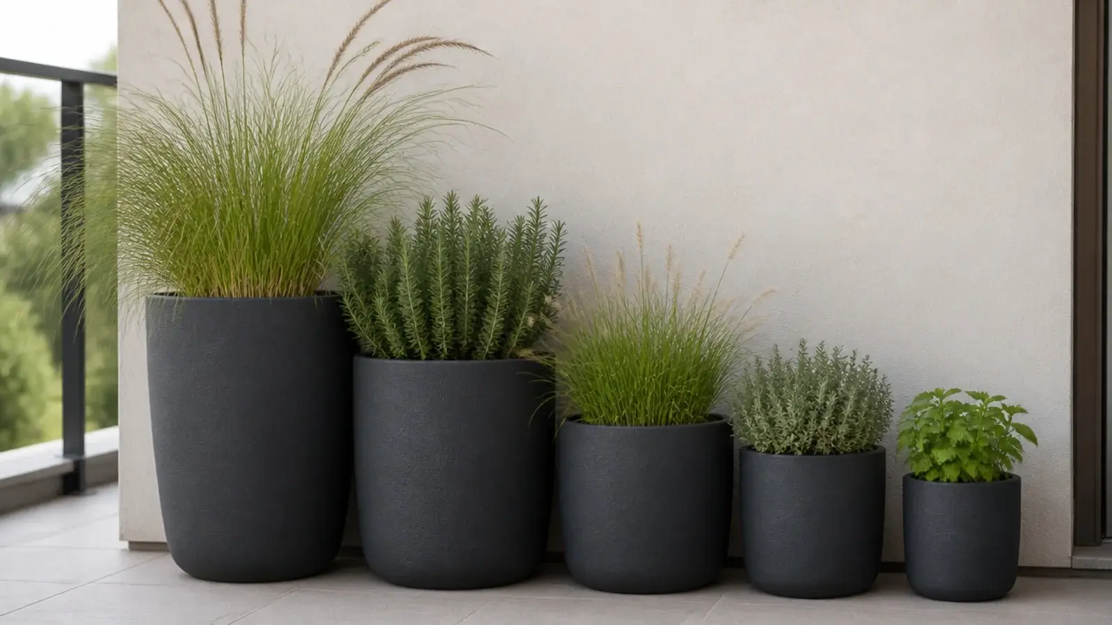 matching matte charcoal planters lined along a modern balcony wall