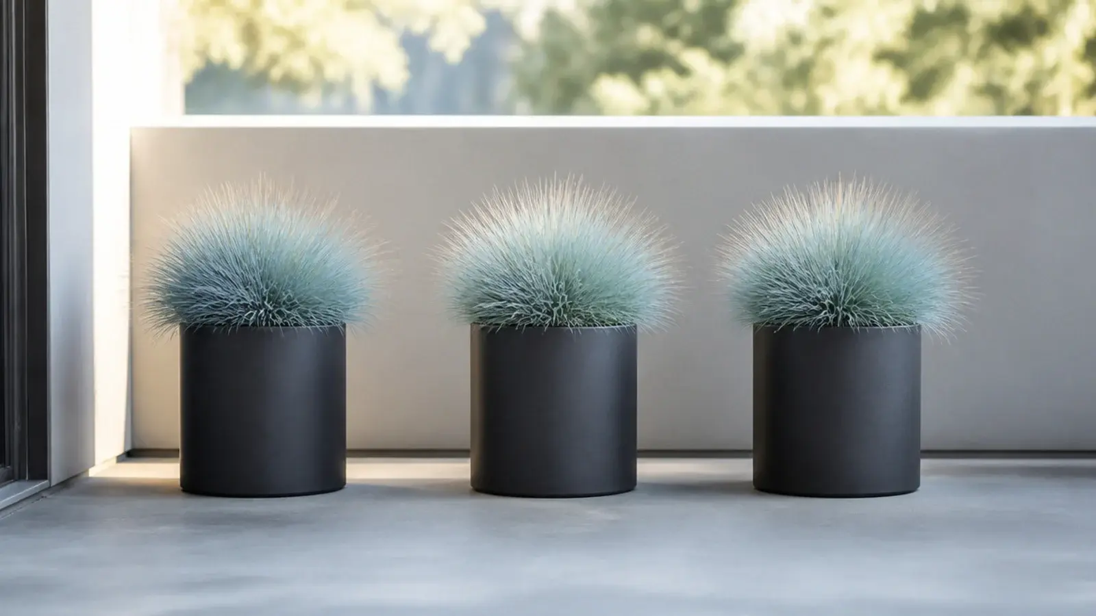 three identical grasses repeated in matching pots along a balcony