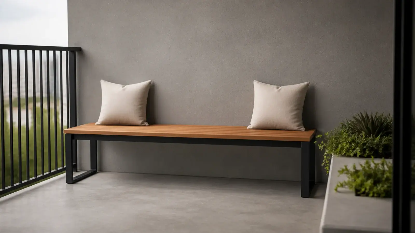 single long charcoal bench spanning the width of a modern balcony