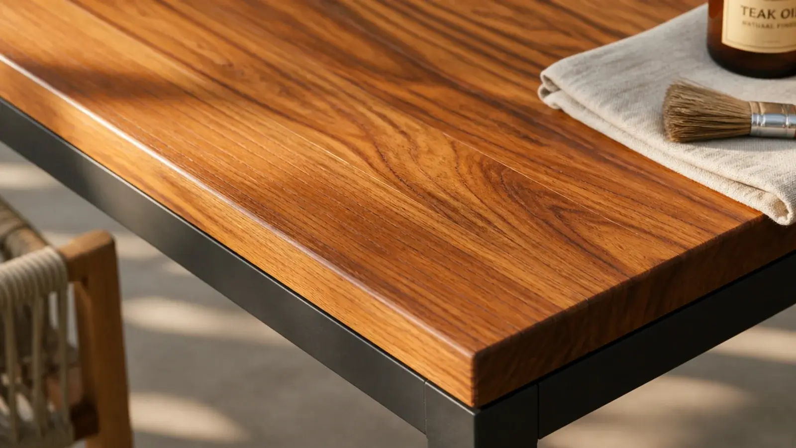 oiled teak balcony surface showing warm grain beside charcoal metal