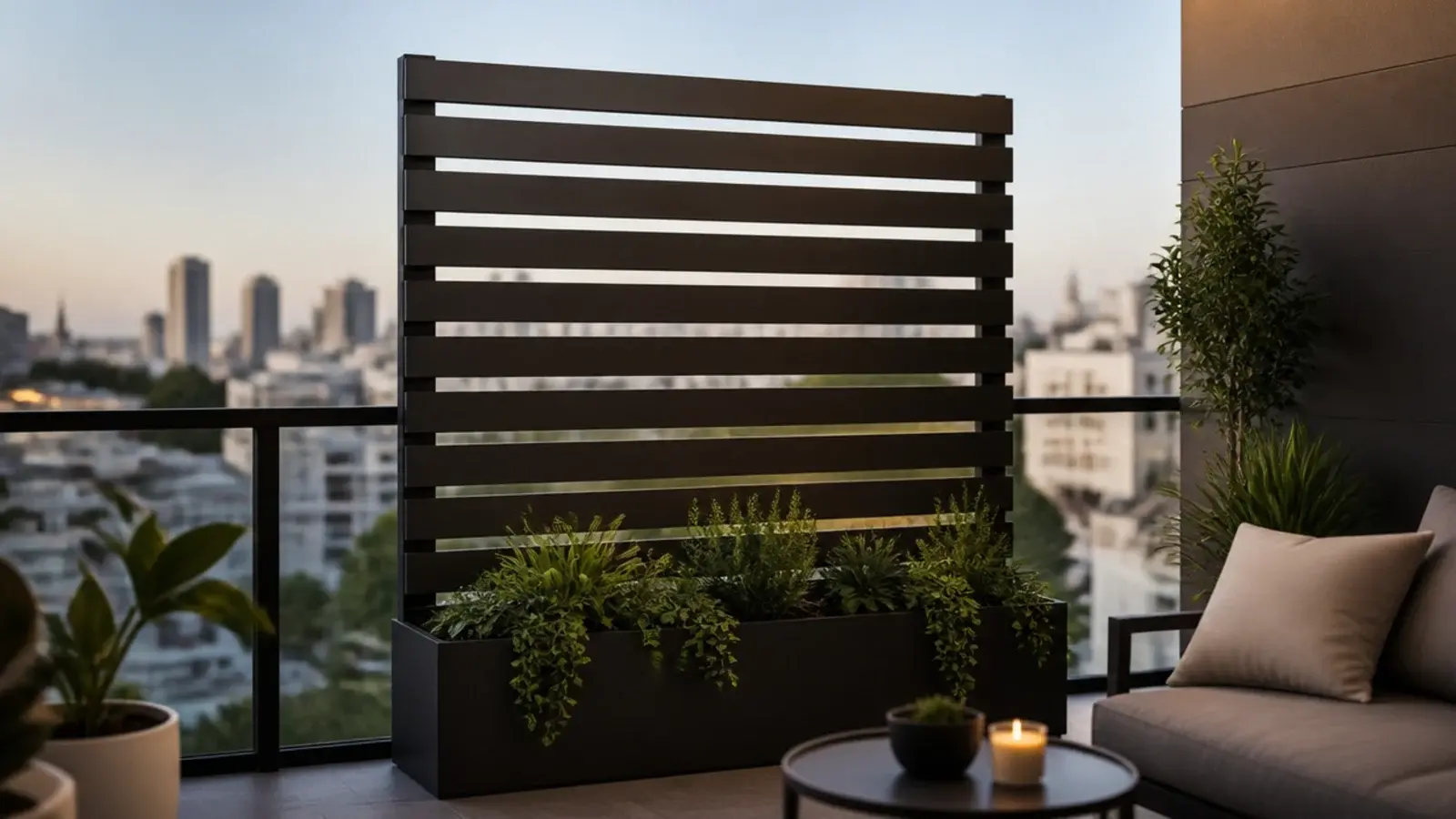 horizontal slatted timber screen standing inside a balcony railing