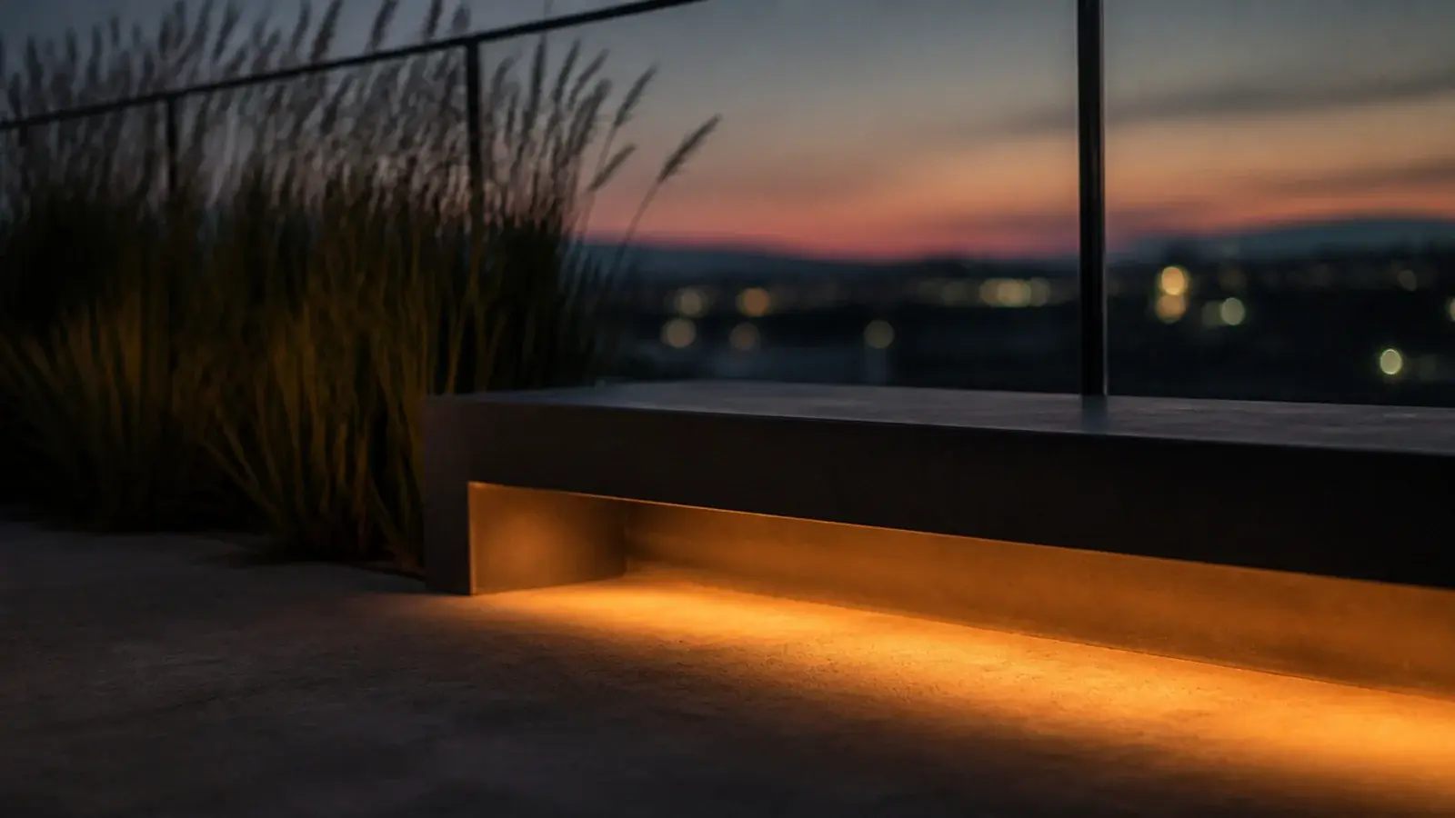 warm glow under a balcony bench with no visible light fixture