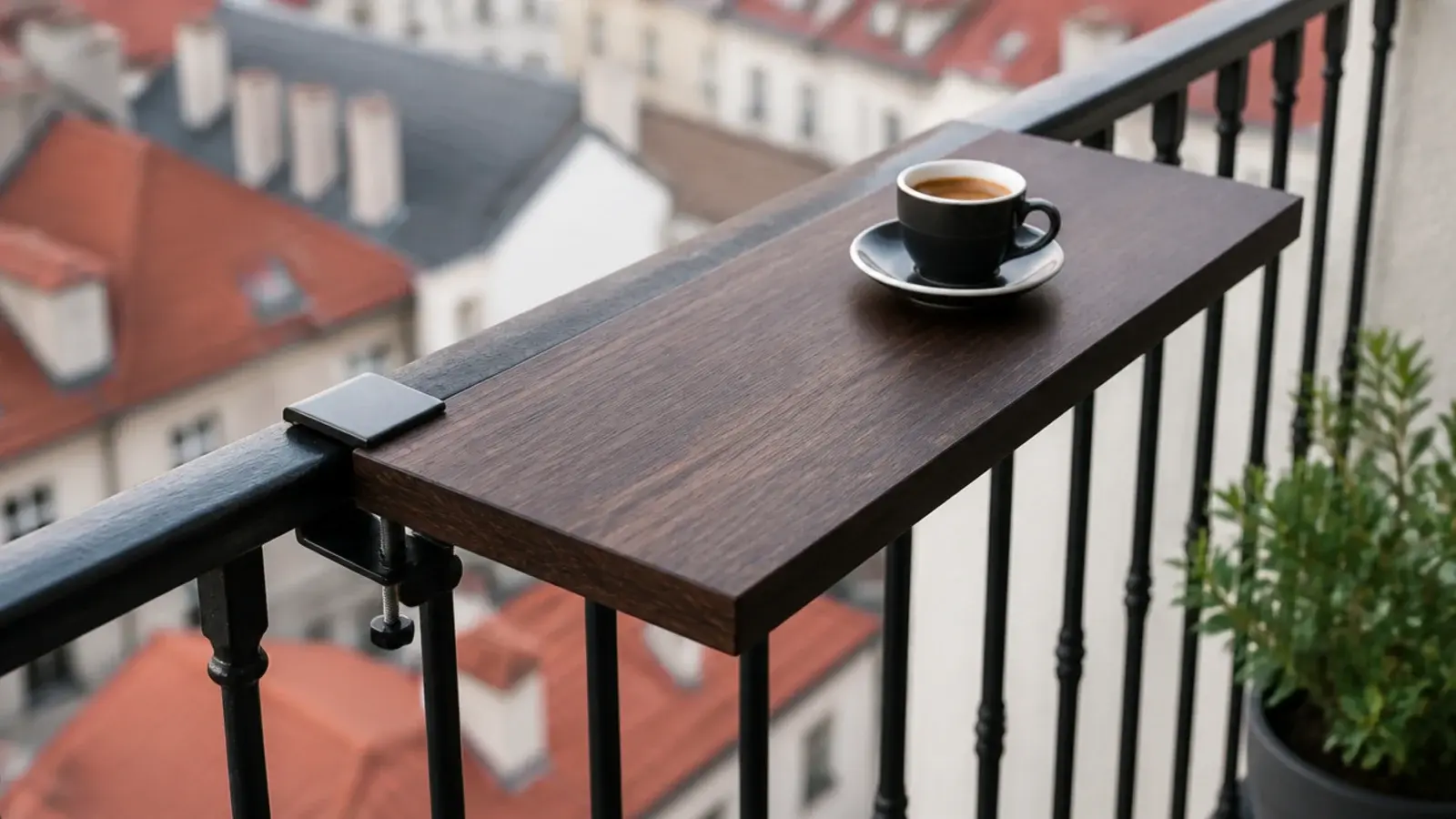 squared edge rail hung table clamped inside a modern balcony railing