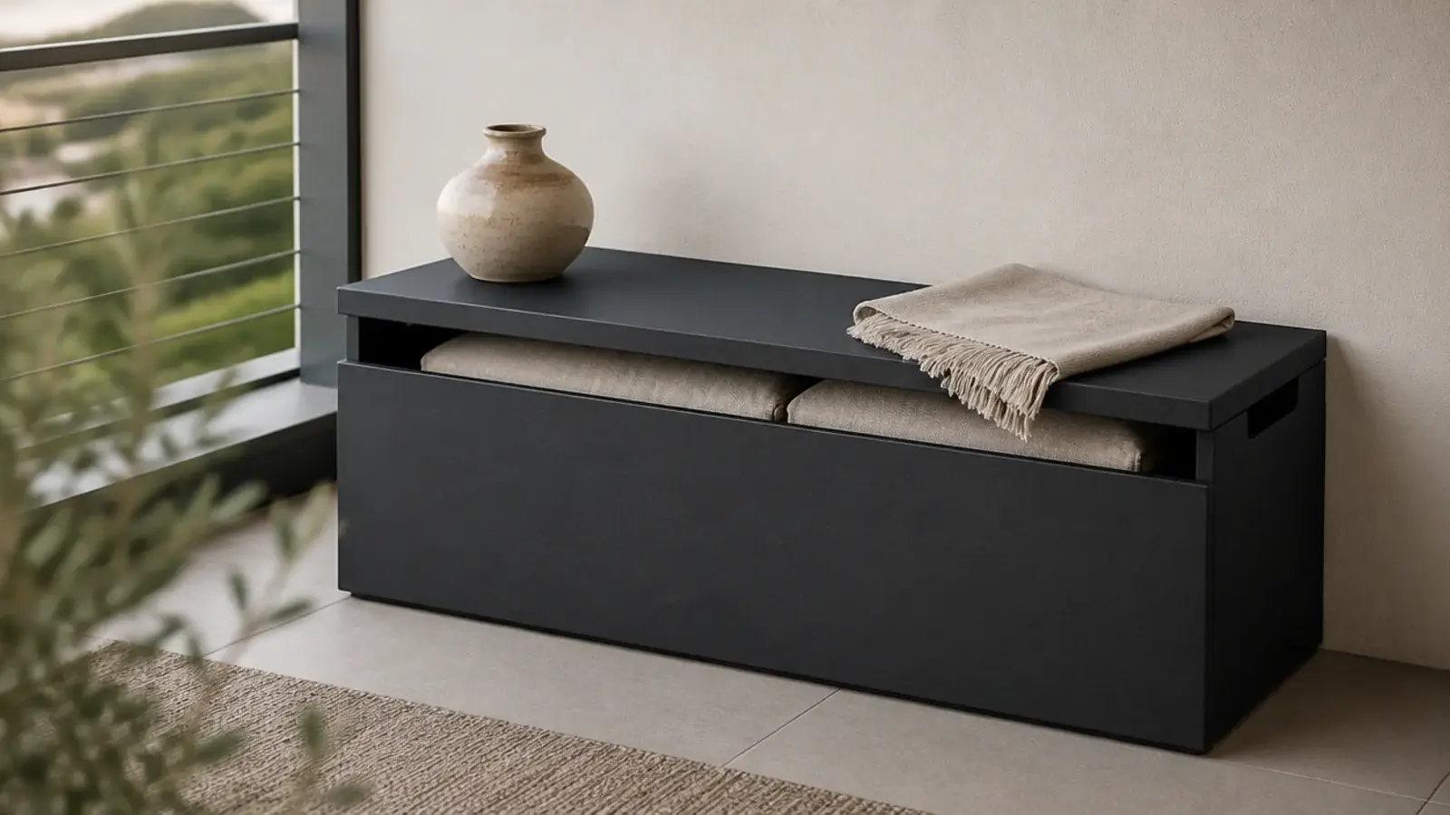 flat lidded charcoal storage bench doubling as a balcony plinth