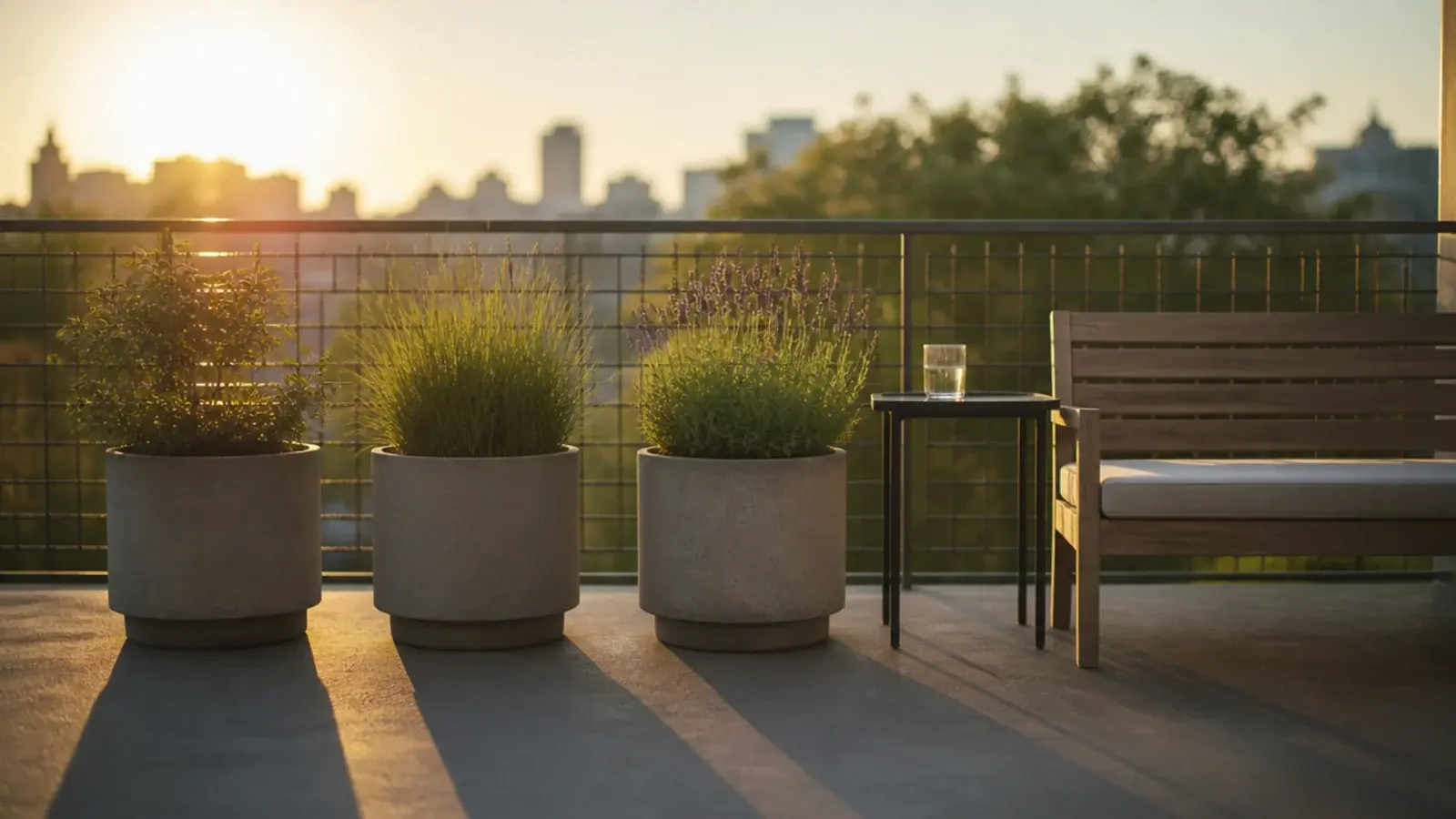 planter tops and table surface aligned at one height across a balcony