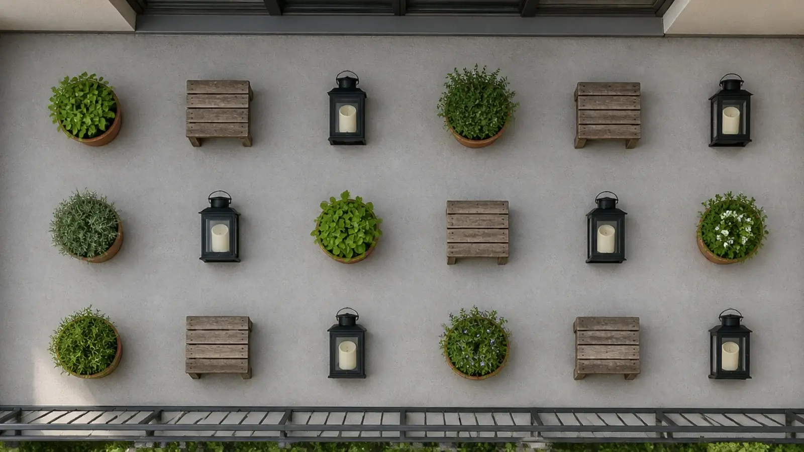 balcony objects spaced evenly on an invisible grid across concrete