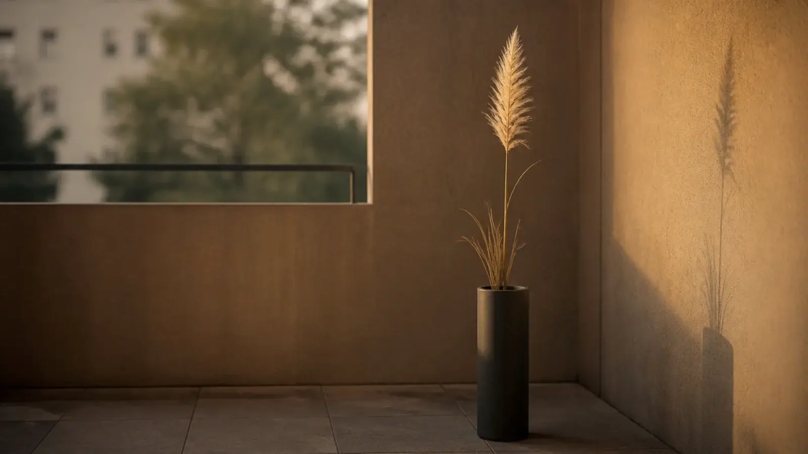 tall ornamental grass in a charcoal cylinder anchoring a balcony corner