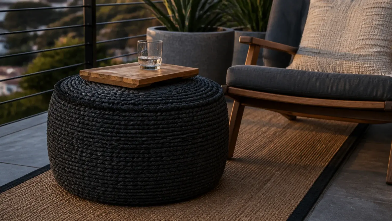 woven charcoal outdoor pouf used as balcony seating and footrest
