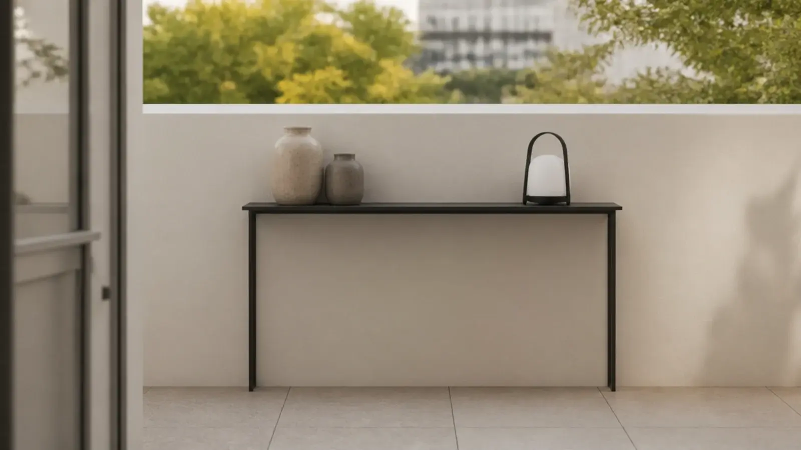 narrow console at rail height standing against a modern balcony wall