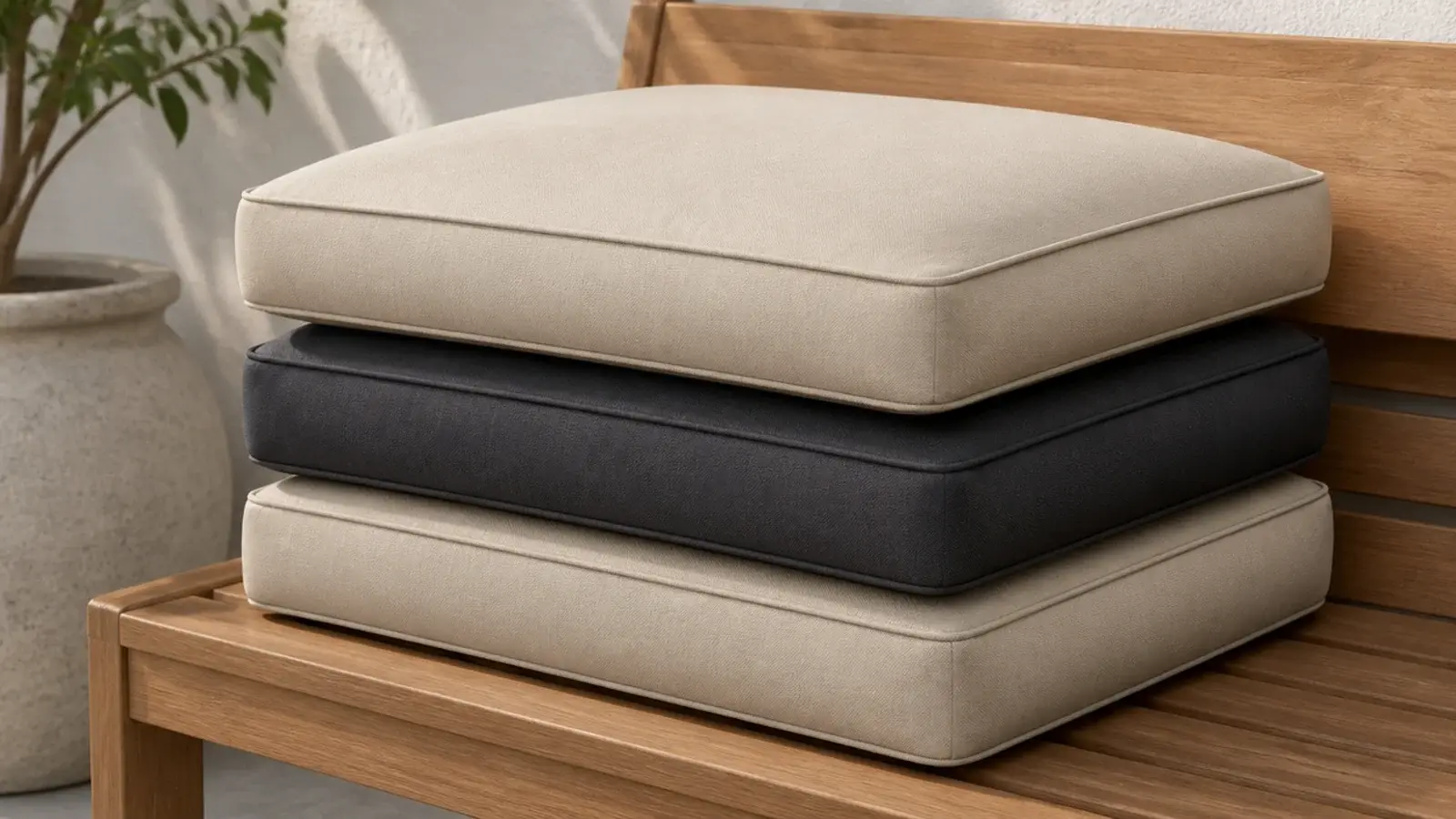 plain sand and charcoal outdoor cushions stacked on a balcony bench