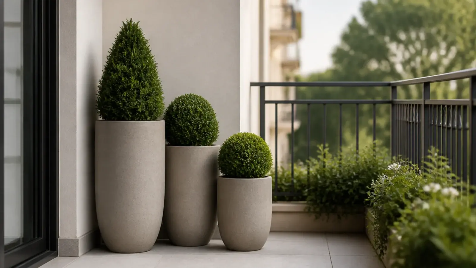 concrete look fiberstone planters grouped along an apartment balcony wall