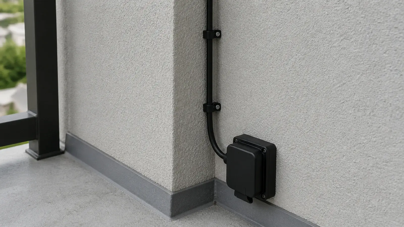 balcony light cable routed neatly down a wall corner to an outlet