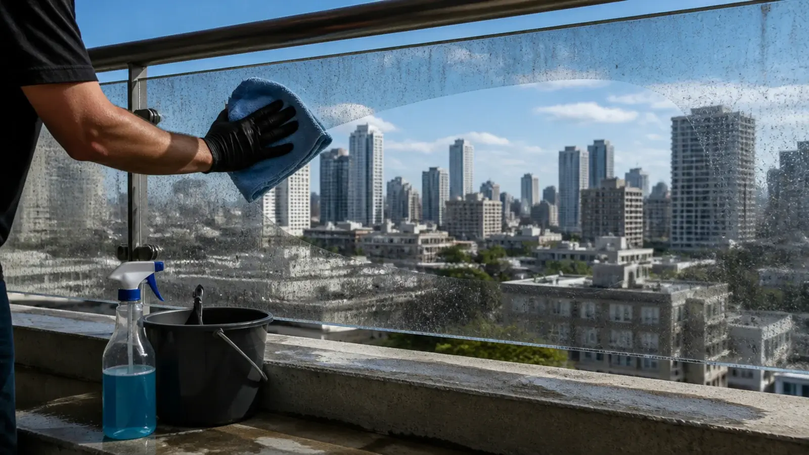 cloth wiping city grime from a glass balcony balustrade panel