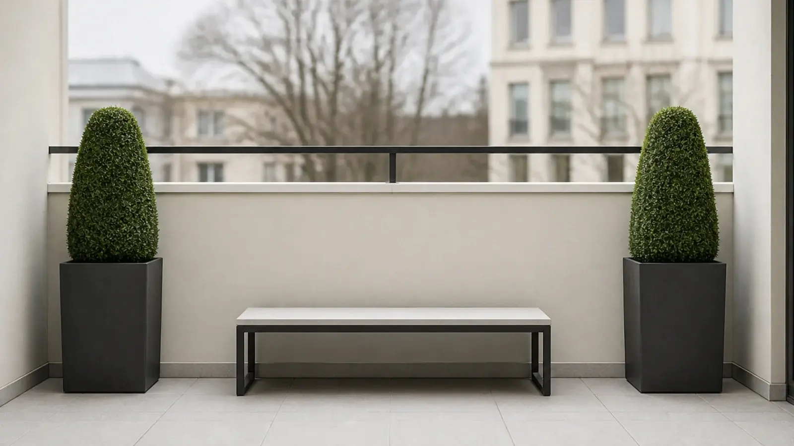 matching planters symmetrically placed at both ends of a balcony