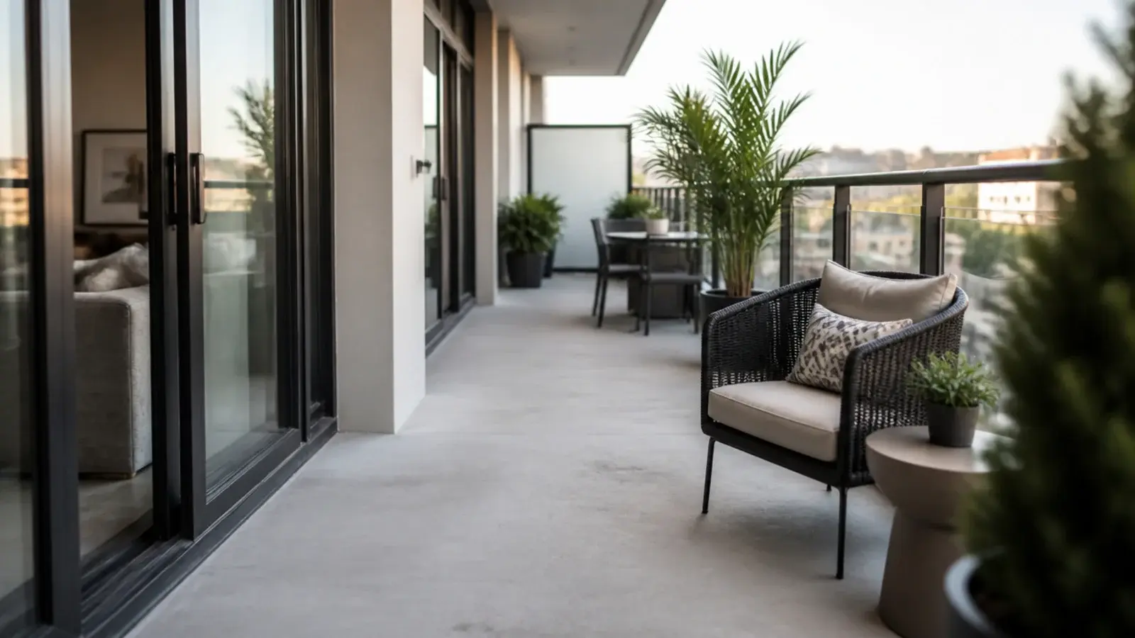 wide clear walkway of bare concrete running through a modern balcony