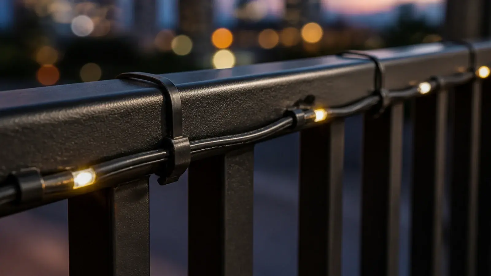 black zip ties and clips matched to a dark balcony railing finish