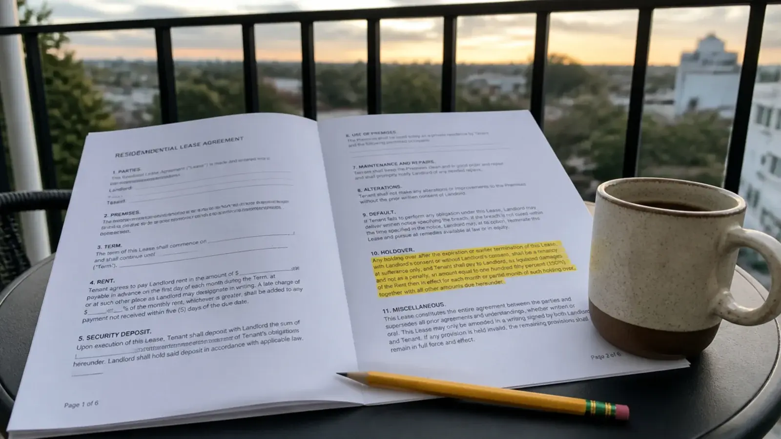 lease document open on a balcony table beside coffee and a pencil