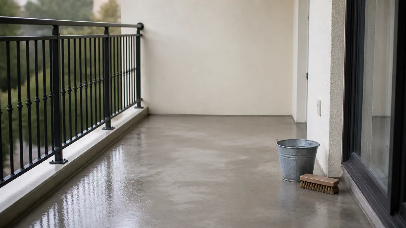 freshly scrubbed bare balcony slab with a bucket and stiff brush