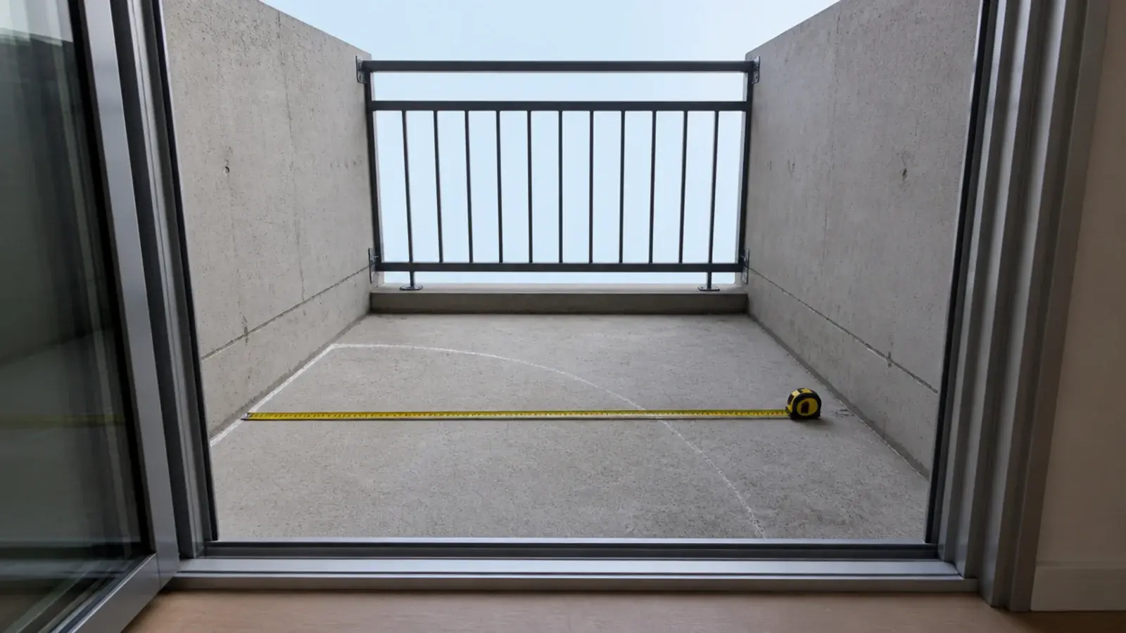 tape measure showing usable depth on a narrow balcony beside an open door