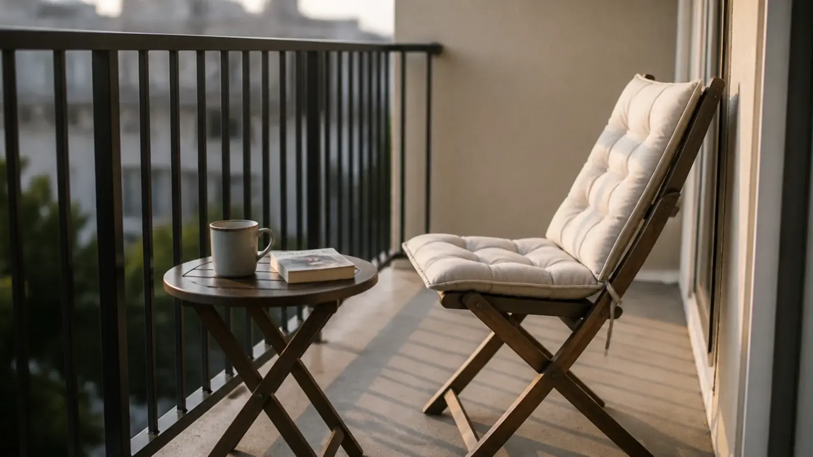 small balcony set up purely as a morning coffee spot with one chair