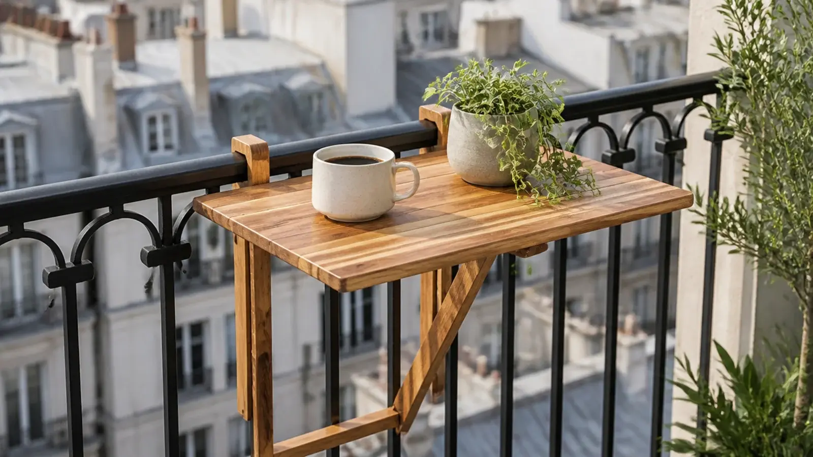 hook over drop leaf table folded flat inside a balcony railing