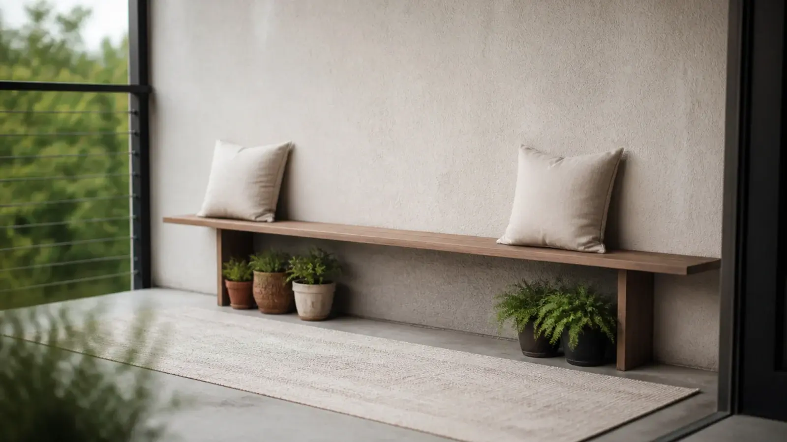 narrow wooden bench running along the short wall of a small balcony