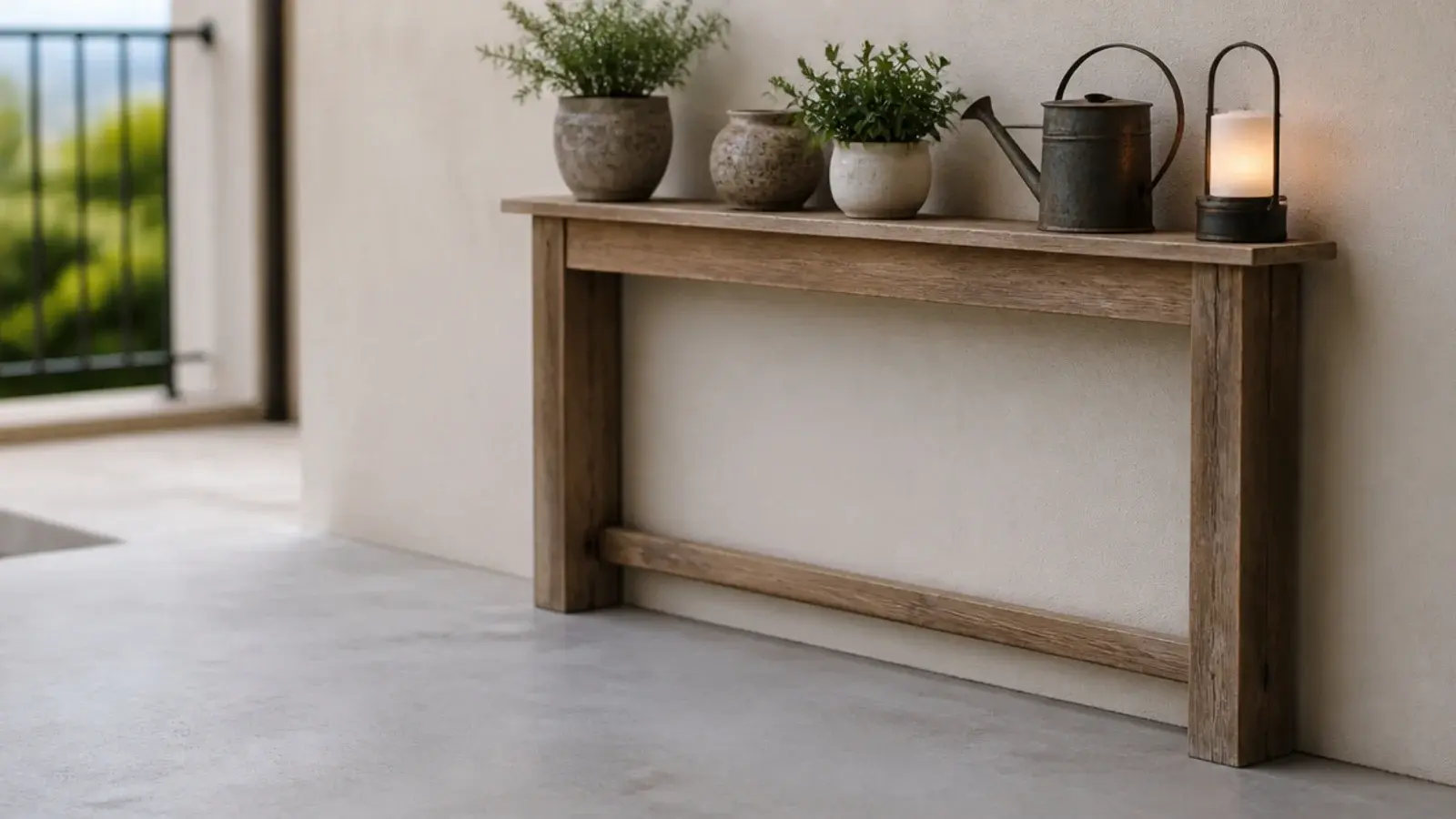 slim ten inch console table against a balcony wall holding pots