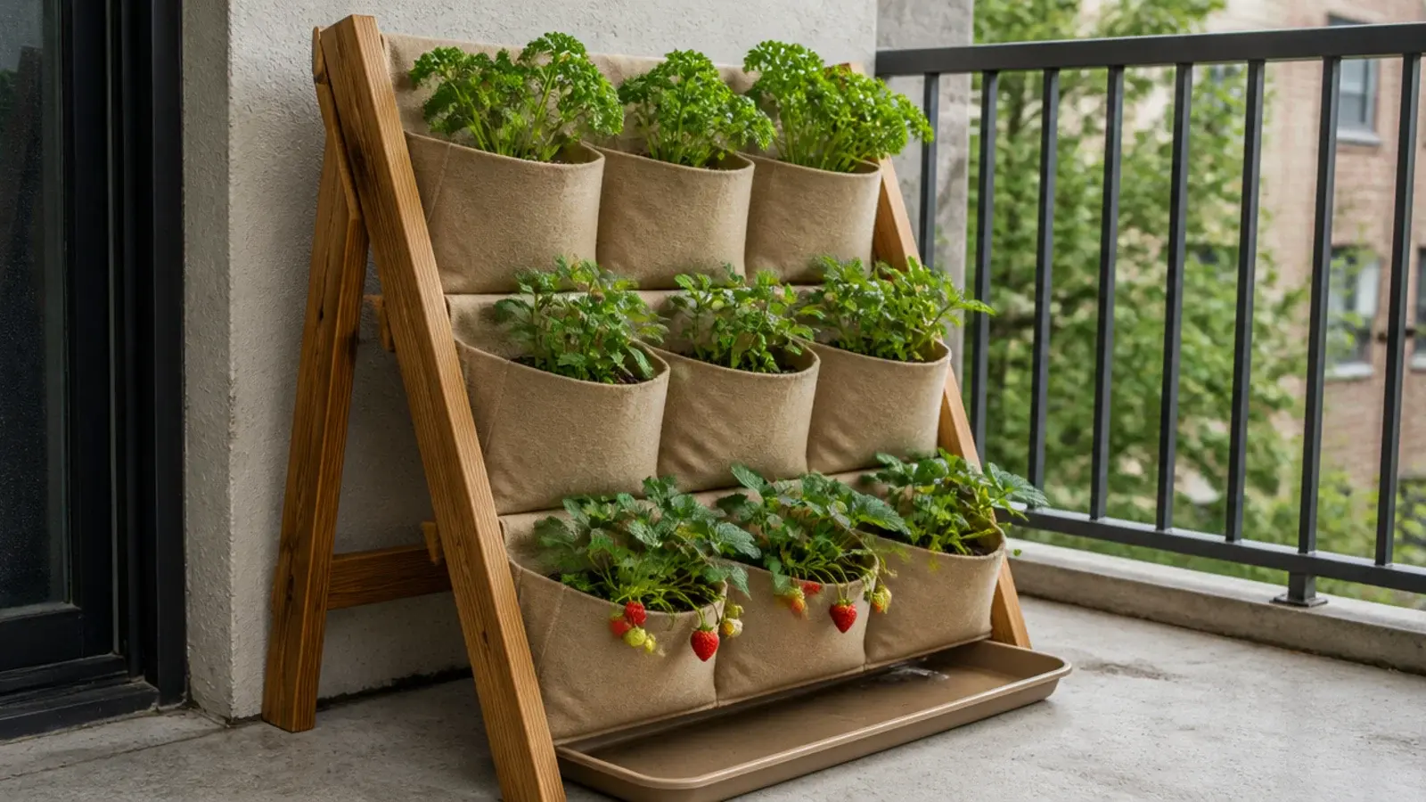 felt pocket planters of herbs hanging from a leaning wooden A-frame