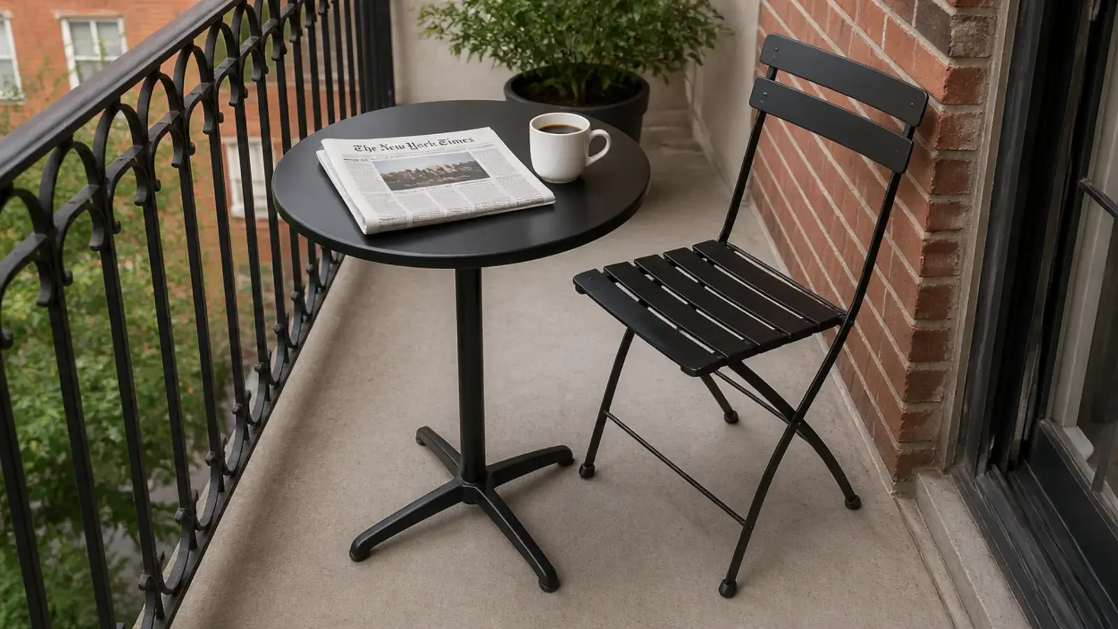 small round bistro table on a narrow balcony with clear walking space