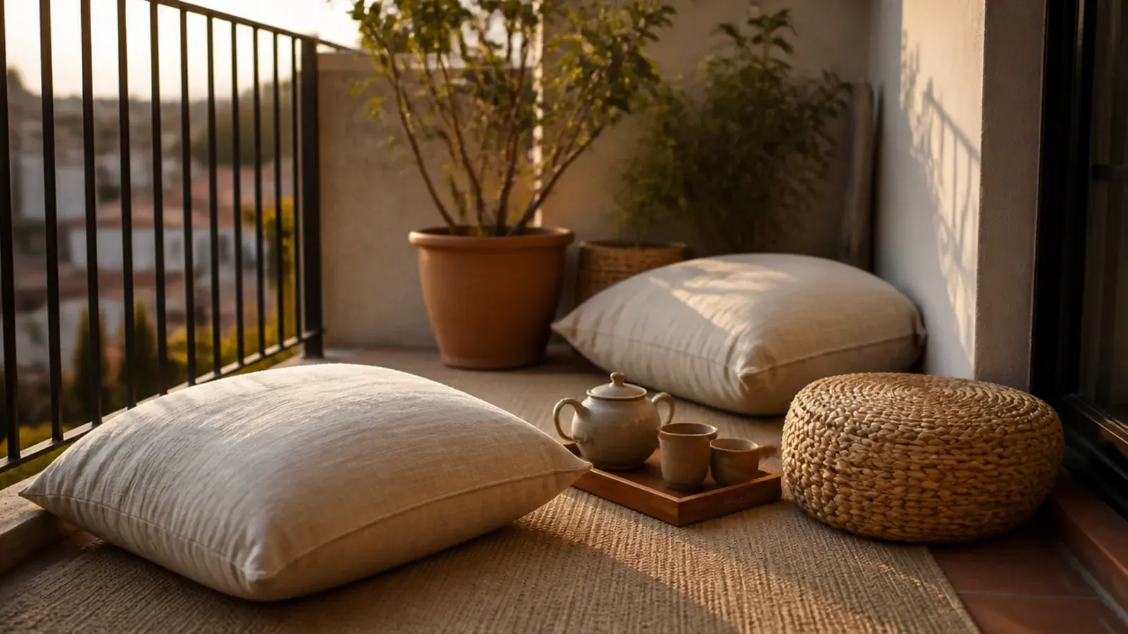 floor cushions and a woven pouf arranged low on a small balcony