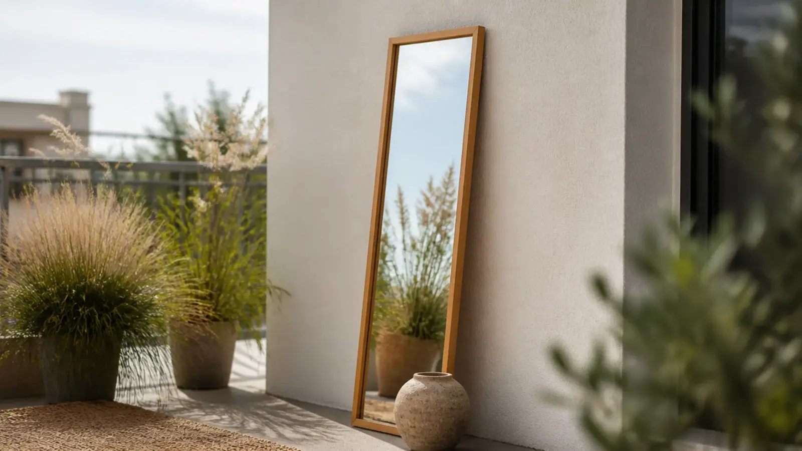 tall acrylic mirror leaning against a balcony wall reflecting plants