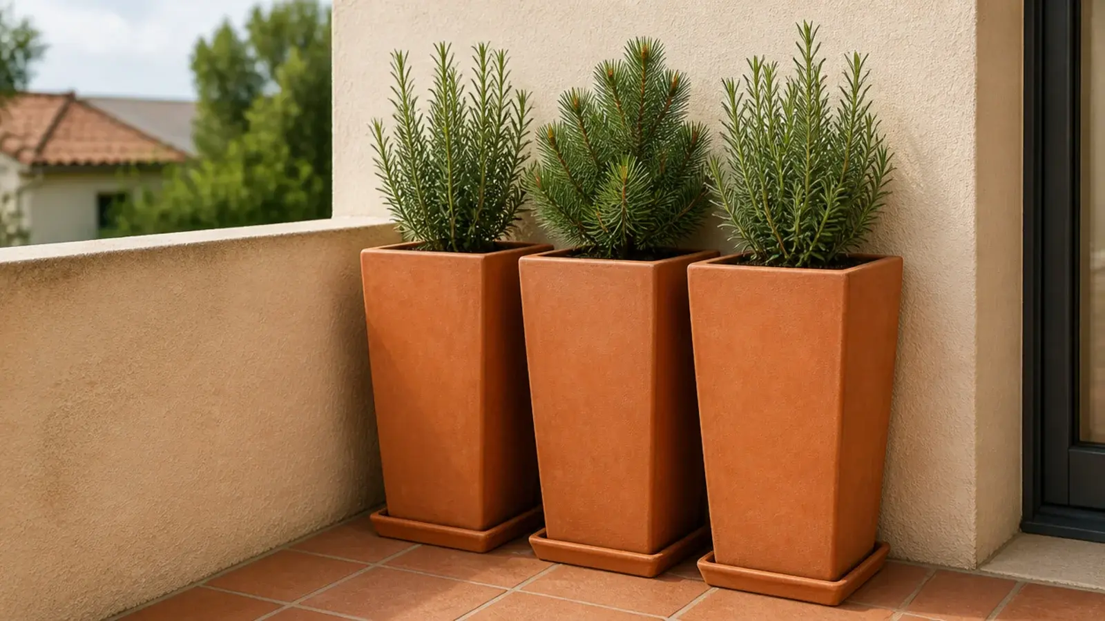 tall narrow terracotta planters lined along a shallow balcony wall