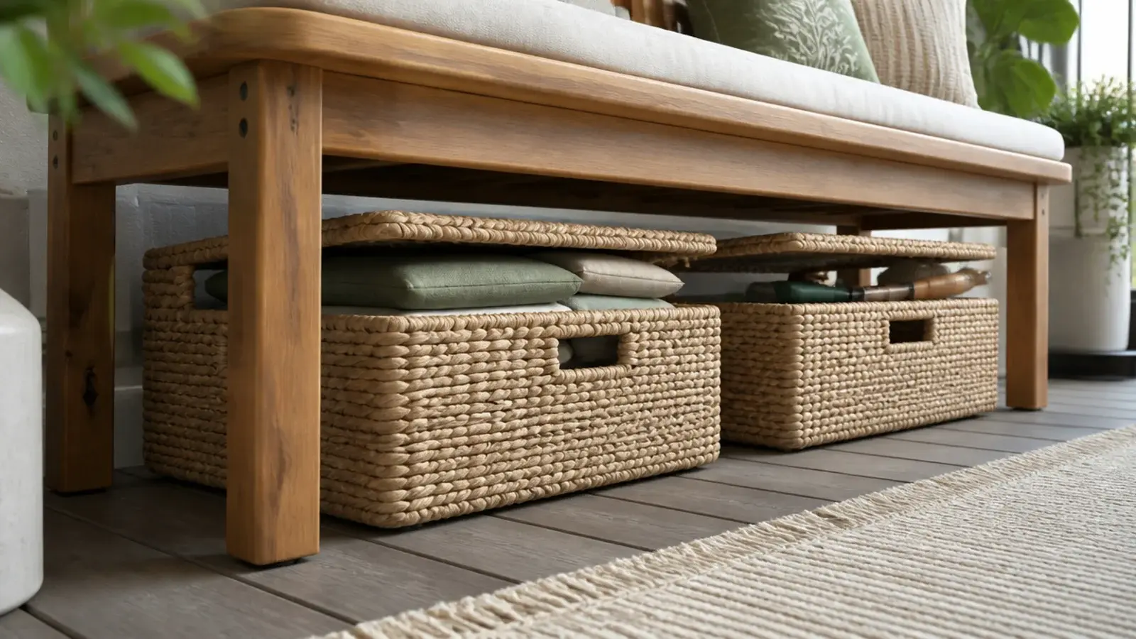 woven baskets tucked beneath a balcony bench holding cushions and tools