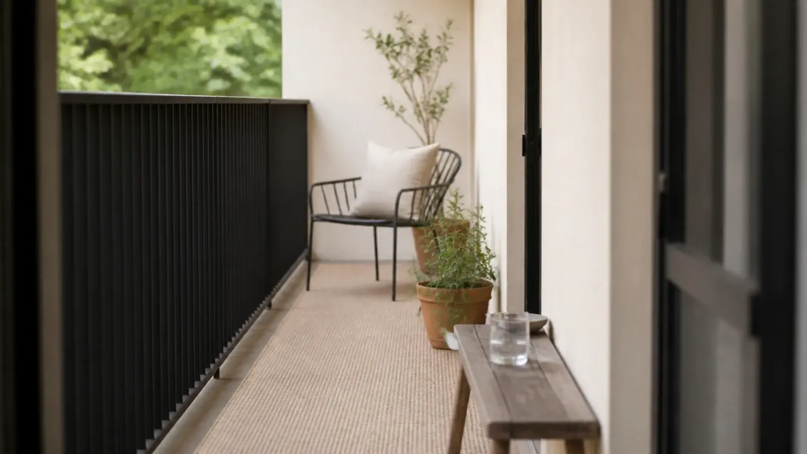 pale runner rug against a dark balcony railing making the slab look longer