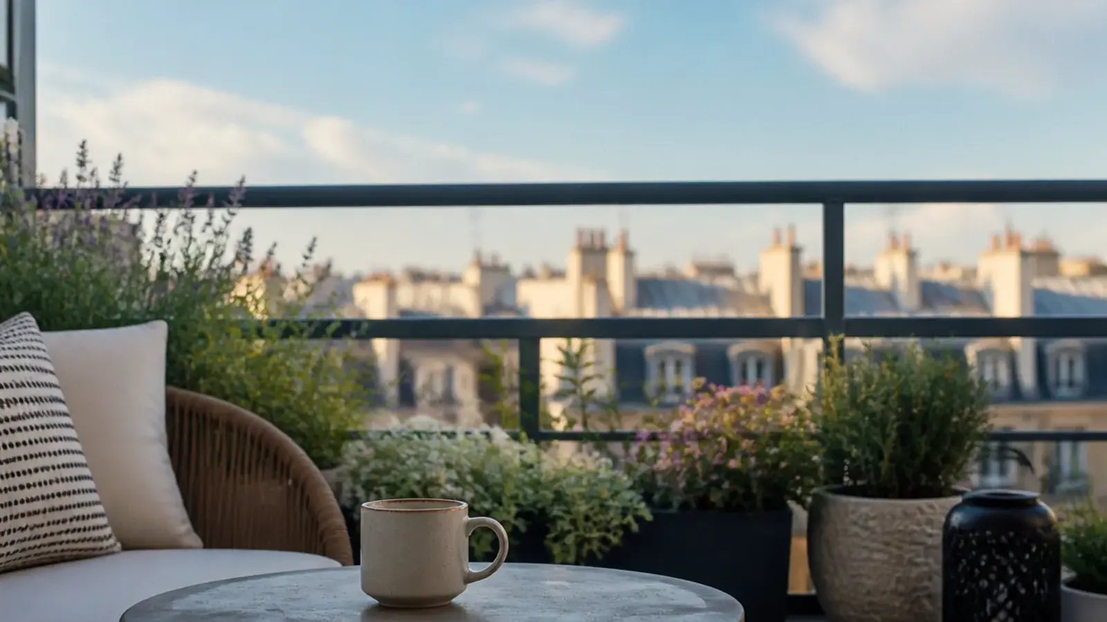 seated view through a balcony railing with nothing blocking the horizon