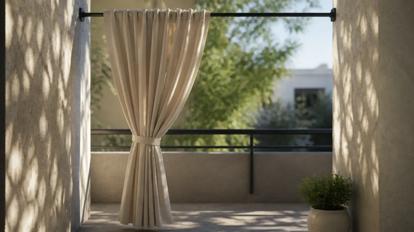 light linen curtain hung on a tension rod between two balcony side walls