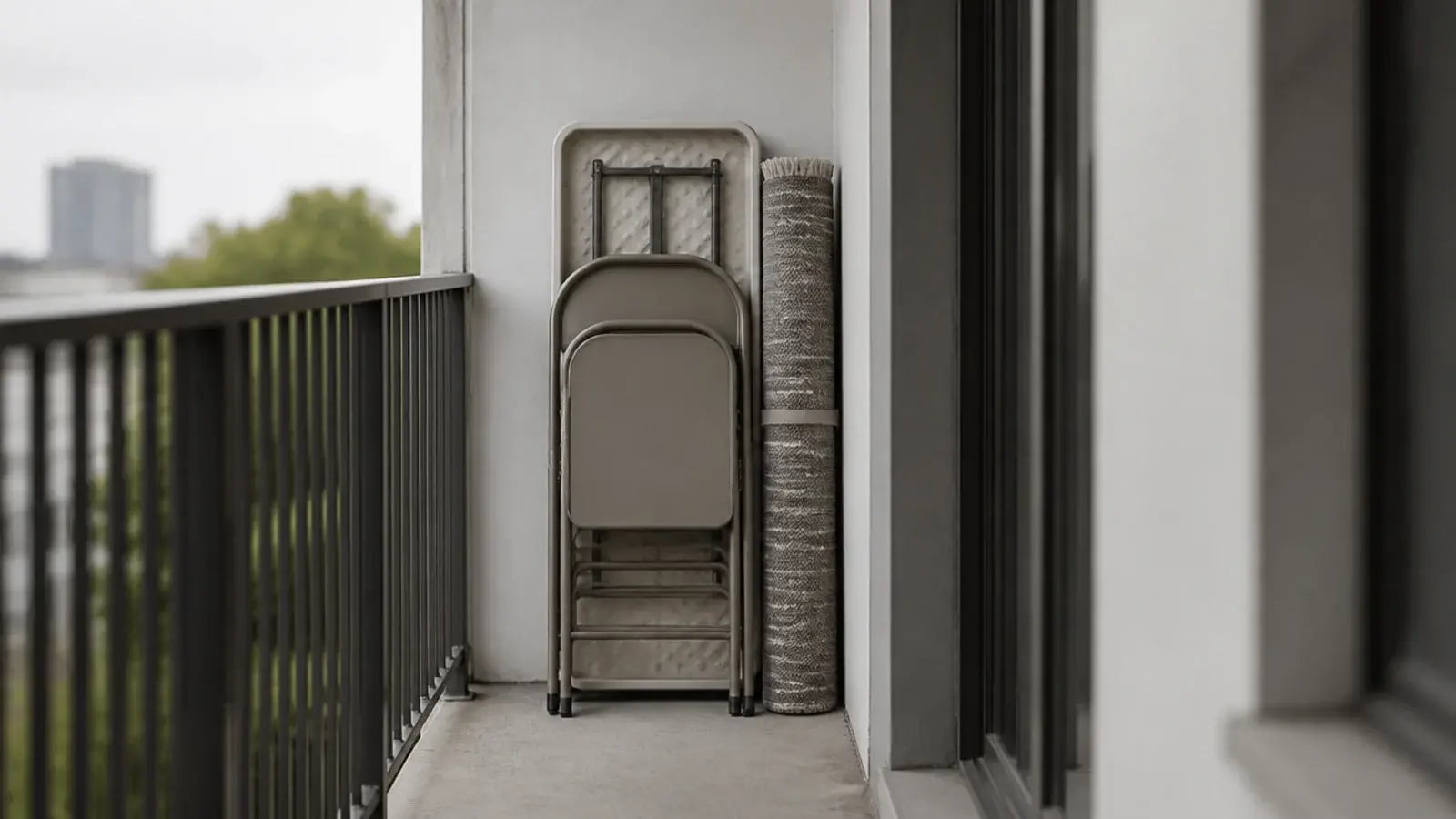 folded balcony furniture stacked flat against a wall for winter storage