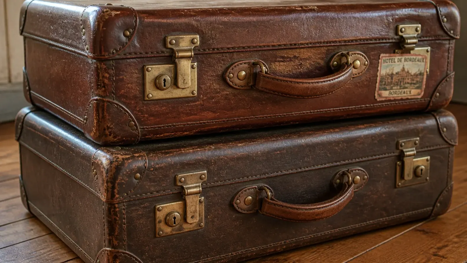 pair of old leather cases with worn corners used as a bedside stack