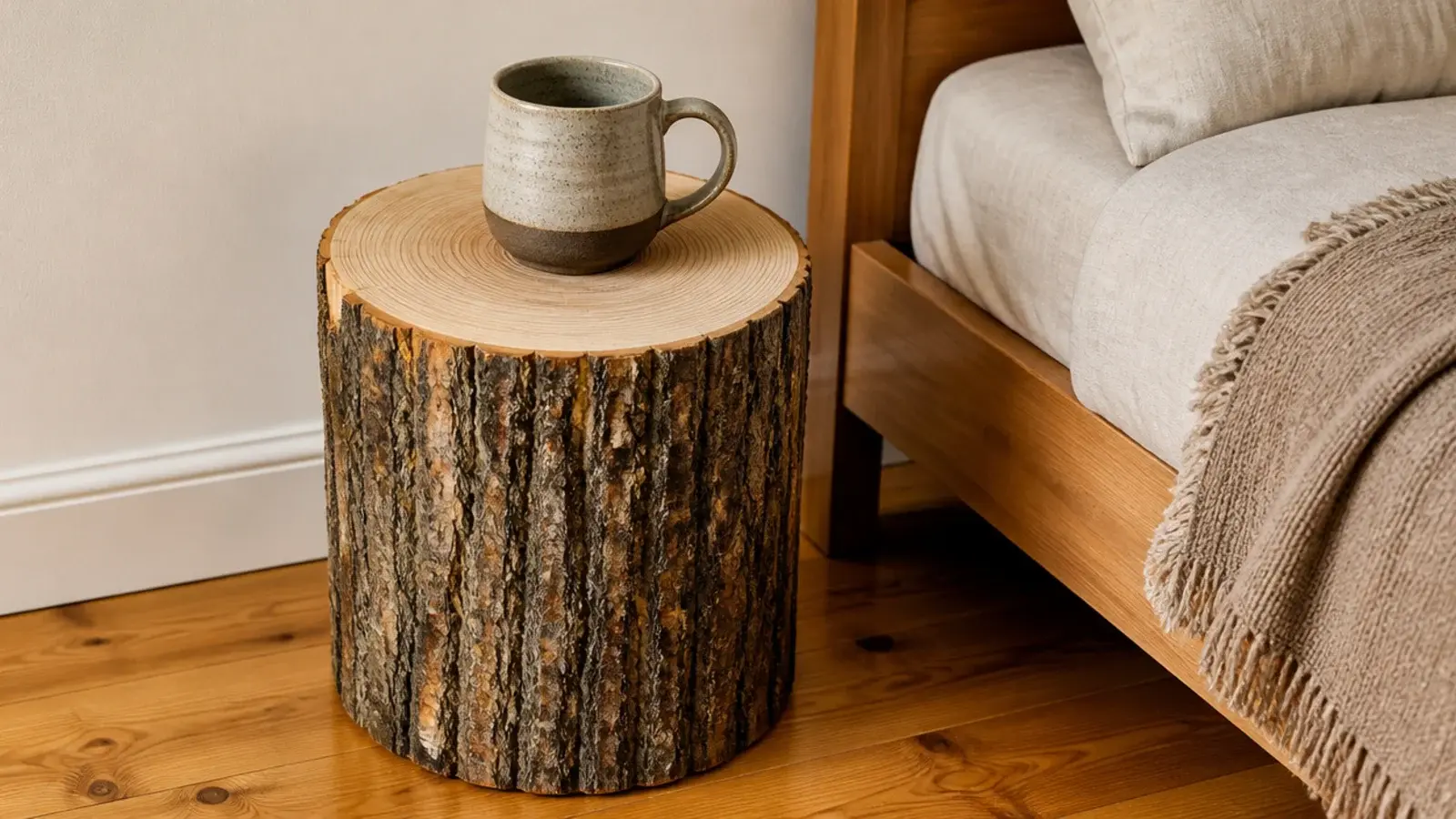 sanded tree stump section used as a low bedside surface
