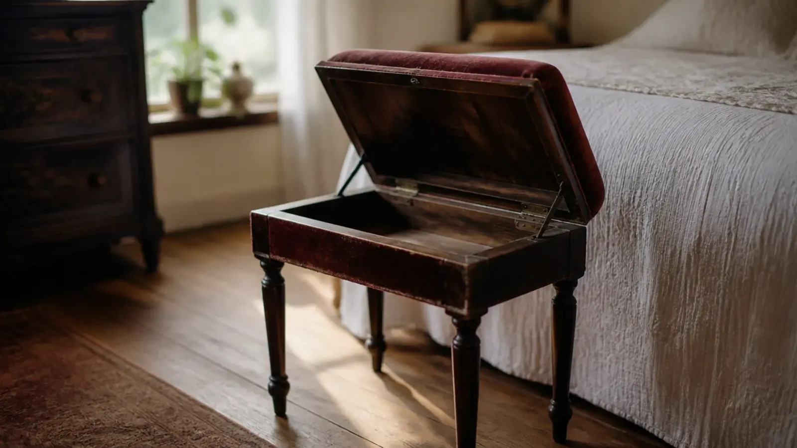 upholstered piano stool with hinged lid open showing storage inside