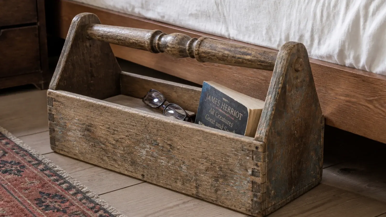 weathered carpenter toolbox with a centre handle beside a bed