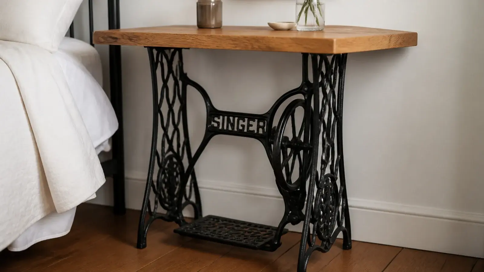 cast iron sewing machine base fitted with a new timber top