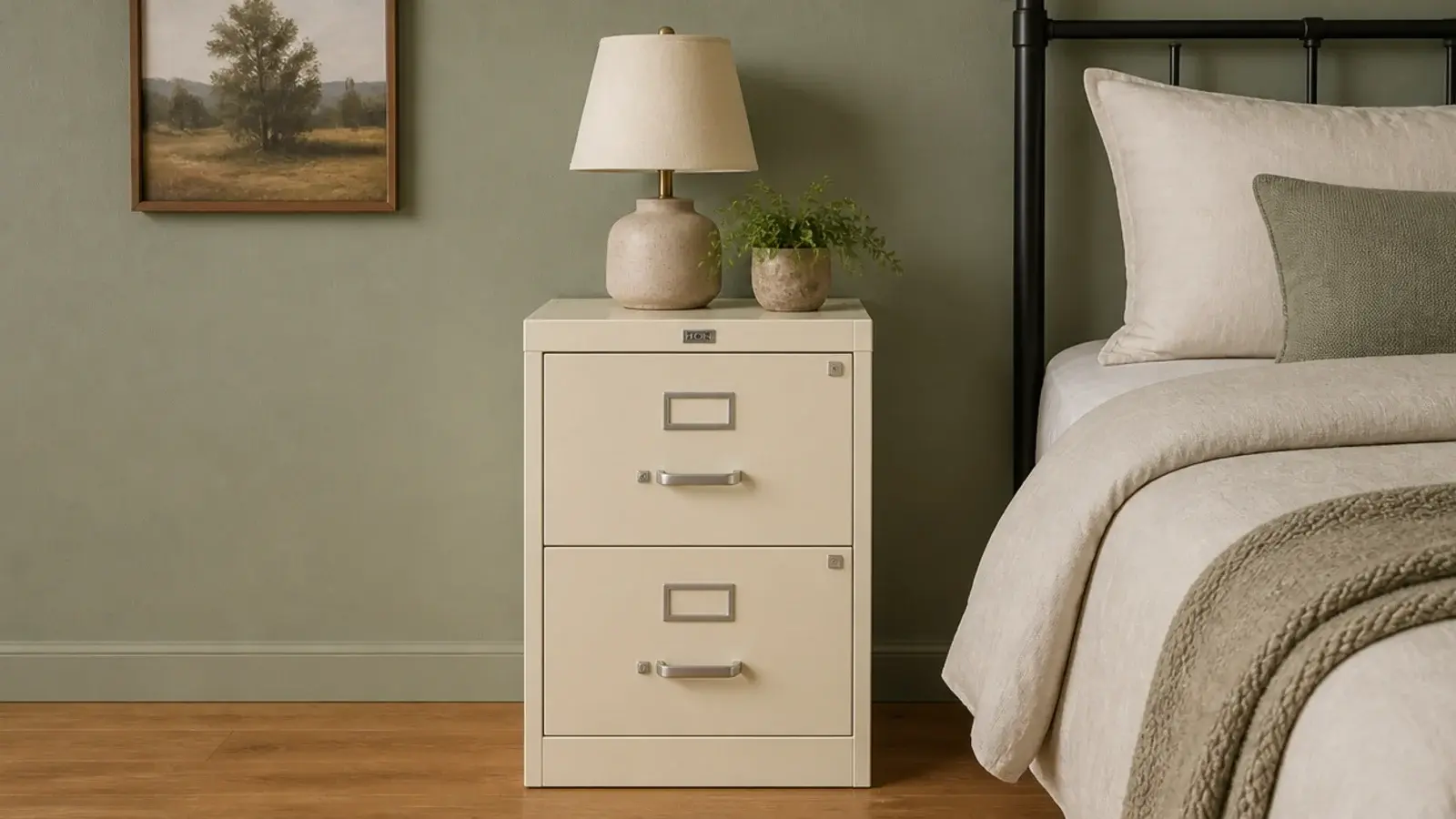 small metal filing cabinet repainted matte cream beside a bed