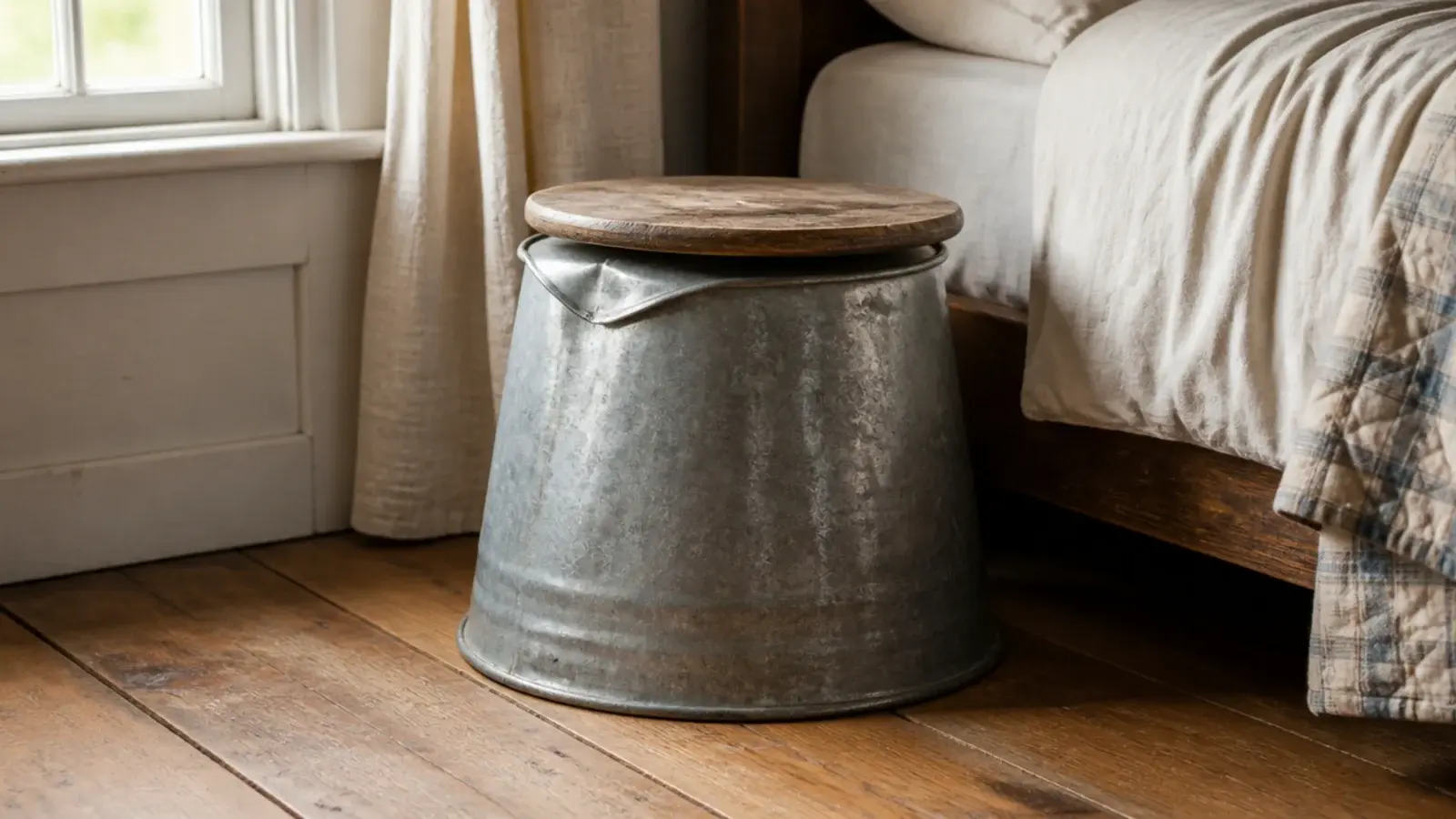 upturned galvanised metal bucket used as a small bedside stand