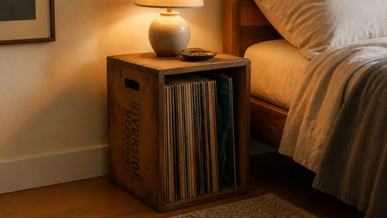 wooden record crate upright holding albums with a lamp on top
