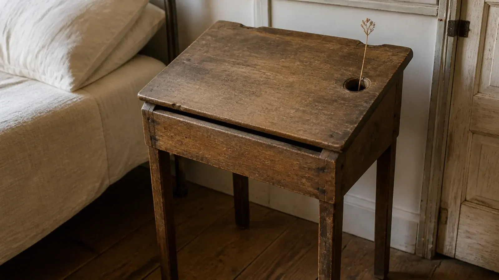 small wooden school desk with a lifting lid beside a bed